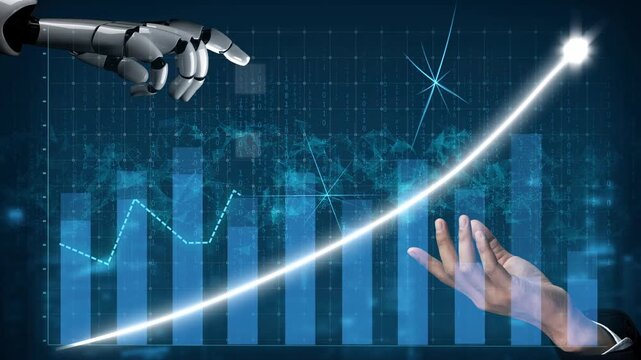 A robotic hand reaching out towards a human hand against a backdrop of a bar graph and an upward arrow signifies growth and collaboration in technology and finance. Copula