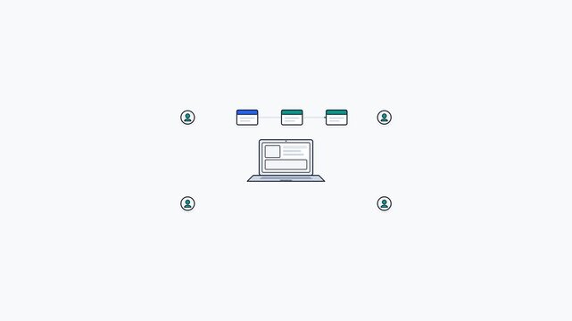 Animated vector line icon of laptop with web browser windows and user avatar network for digital collaboration