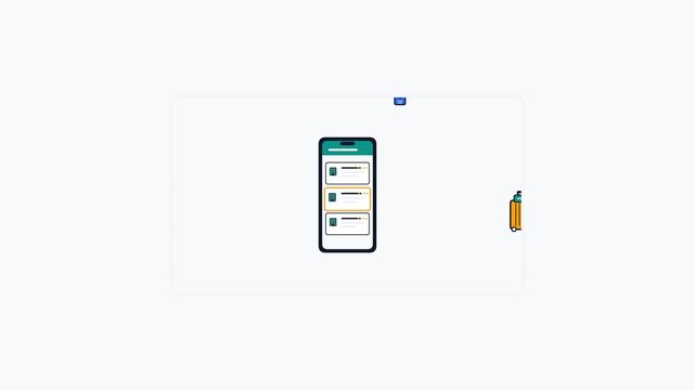 Animated vector smartphone displaying travel booking app interface and digital flight boarding pass