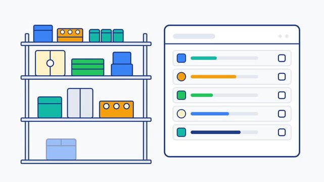 Animated vector illustration of warehouse shelf with boxes and digital inventory management checklist dashboard
