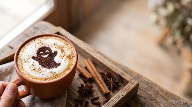 Warm coffee mug with latte art featuring a smiling ghost design, cinnamon sticks, and star anise on rustic wooden surface