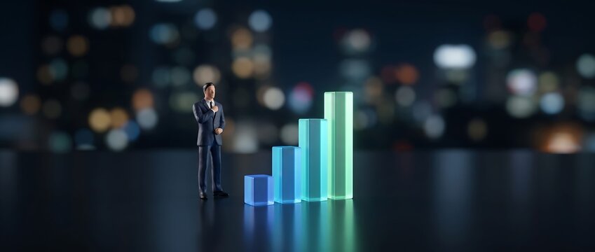 成果を示す光る棒グラフとミニチュア