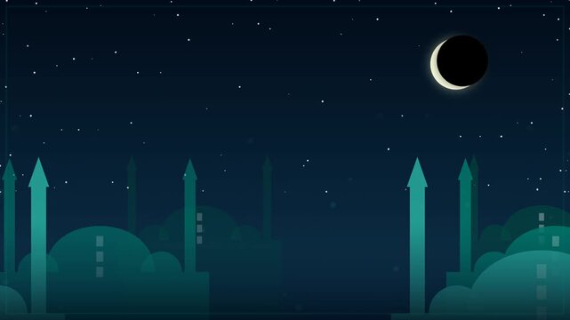 Islamic Mosque Silhouettes at Night with Crescent Moon Parallax Background