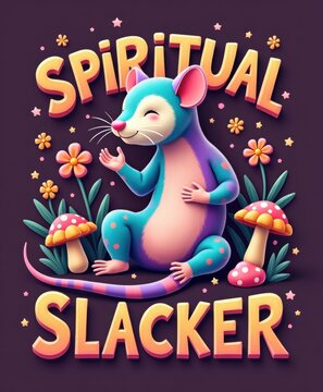 Whimsical Cartoon Mouse Sitting Meditation Among Mushrooms with "Spiritual Slacker" Text