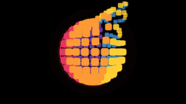 Abstract glowing orb composed of dissolving square pixels transitioning from pink and orange to blue and yellow