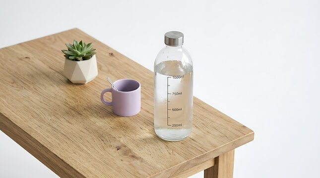 A glass water bottle with measurement markings sits on a wooden table beside a cup with visible milliliter measurement markings stands light