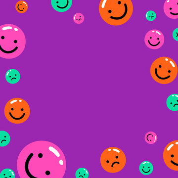 Colorful smiley and sad faces border on a vibrant purple background.
