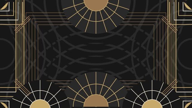 Art deco geometric background animation with gold fan ornaments and decorative luxury frame for elegant event backdrop