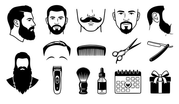 World Beard Day Facial Hair Styles Barber Scissors Razor and Grooming Vector Icon Set