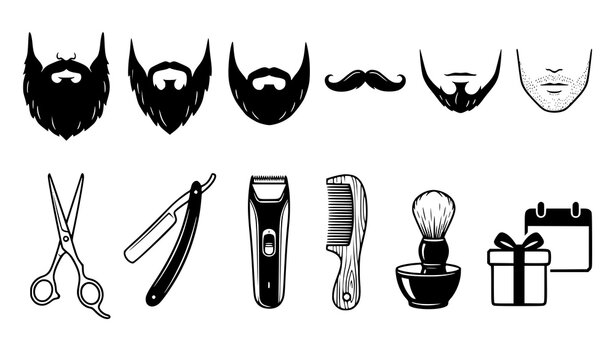Beard Styles Barber Grooming Tools Razor Scissors and Gift Box Black White Vector Set