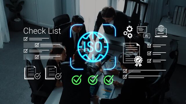 Business Team Conducting a Meeting on ISO Standards with Checklists and Project Management Elements in a Modern Office Environment Gluon.