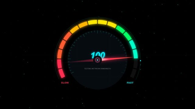 Digital speed meter gauge indicating fast network bandwidth testing with a needle pointing to 100