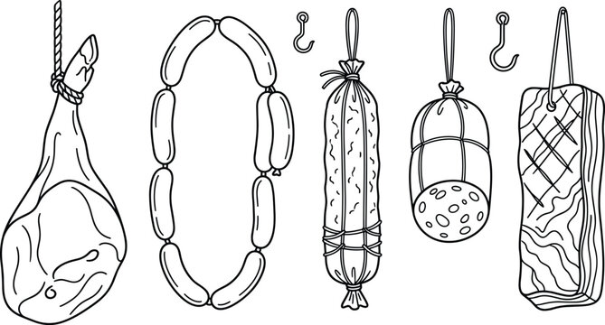 Hanging Butcher Meat Products Vector Set Featuring Jamon Ham, Sausage Links, Salami, and Bacon in Hand Drawn Line Art Style for Culinary Designs