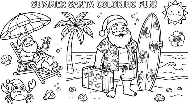 Summer Santa Claus Vacation Coloring Book Page Vector Set Featuring Beach Surfing and Tropical Relaxation Elements in Line Art Style