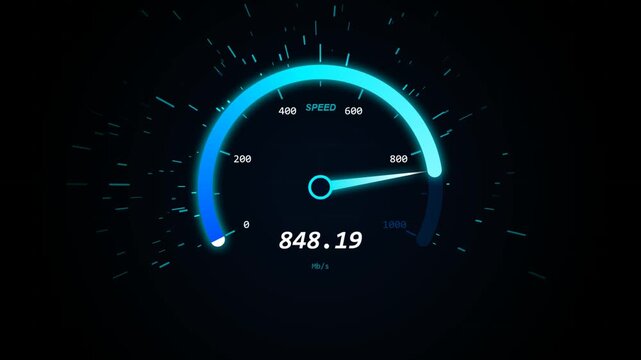 Digital speedometer displaying high internet speed in Mb per second with futuristic glowing neon effect