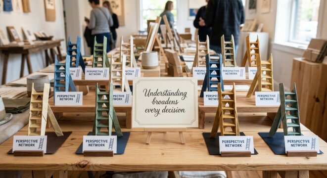 Conceptual Art Exhibit Featuring Miniature Ladder Models with Inspiring Quotes