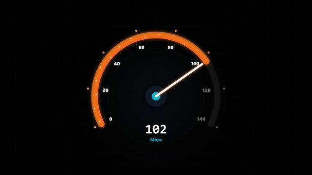 Digital speedometerlike interface displaying internet speed performance data with a needle pointing over 100 Mbps