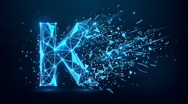 Futuristic glowing blue wireframe letter K disintegrating into digital particles on dark background