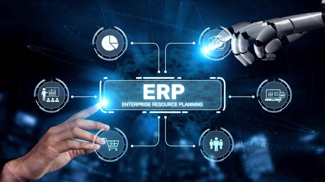 ERP platform visual showing centralized system for enterprise resource planning, improving integration, data flow, business efficiency, finance, inventory, and human resources. Muxer