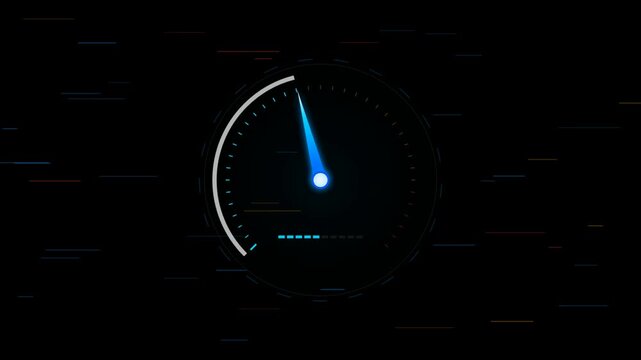 Futuristic digital speedometer gauge with bright blue needle showing fast speed on dark background with motion lines