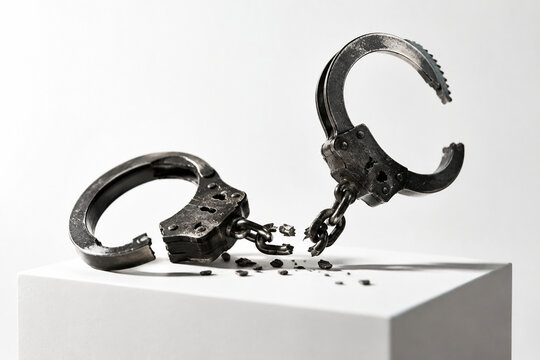 Broken handcuffs sculpture isolated on a pure white pedestal with dramatic side lighting.