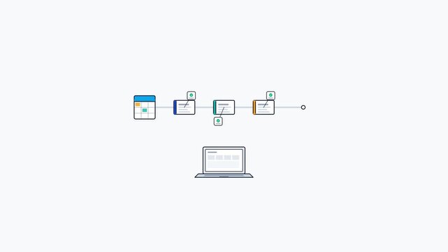 Vector animation of digital workflow with calendar task management cards connecting laptop to desktop monitor for business automation