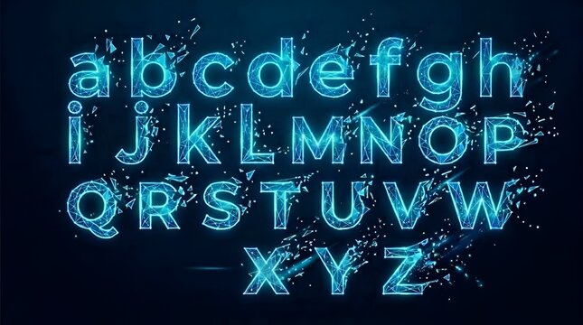 Glowing futuristic neon alphabet with blue digital letters and tech particle effects on dark background backdrop