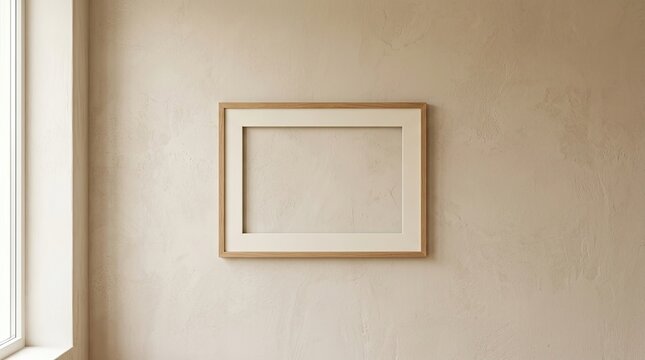 A light beige wall displays a square, light wood frame. The frame is centered on the wall and appears ready to hold a picture.