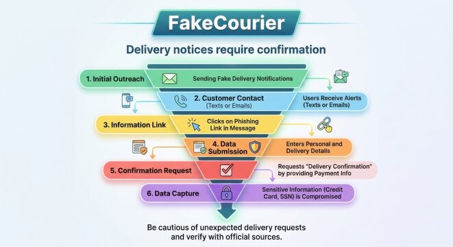 Fake Courier Delivery Scam Funnel Diagram: Phishing and Data Capture Process