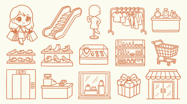 A charming collection of hand-drawn line art icons depicting various elements of a shopping mall or retail environment.