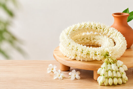 Sampaguita garland on light wooden display stand with terracotta vase, practical retail display concept