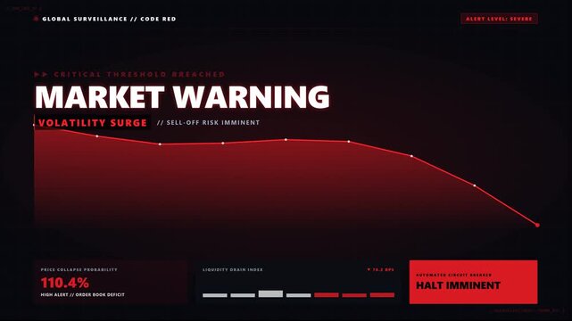 Digital market crash dashboard animation with red line graph and critical warnings for financial data analysis and stock market monitoring