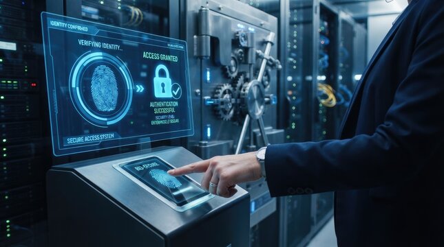 A person in a dark suit is using a fingerprint scanner to gain access to a secure server room. The scanner displays a fingerprint image and a lock icon, confirming successful authentication.