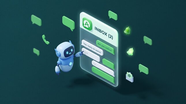 Isometric 3D view of an AI chatbot managing a messaging app conversation with green chat bubbles
