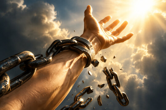 Broken chains falling from a wrist, arm reaching toward sunlight, symbolic freedom, dramatic lighting.