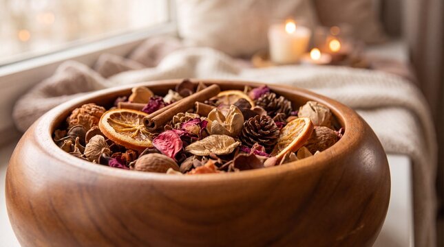 Dried potpourri in a wooden bowl for cozy autumn home decor atmosphere
