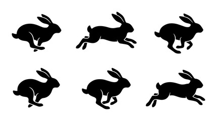 Obraz premium Running Rabbit Silhouettes, Animal Motion Sequence Vector Set, Black Hare Sprites
