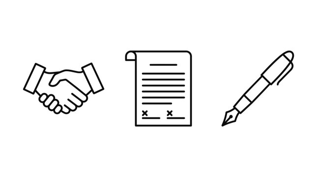 Handshake, Document, and Fountain Pen Icons representing business agreement, legal contract, and signing a document