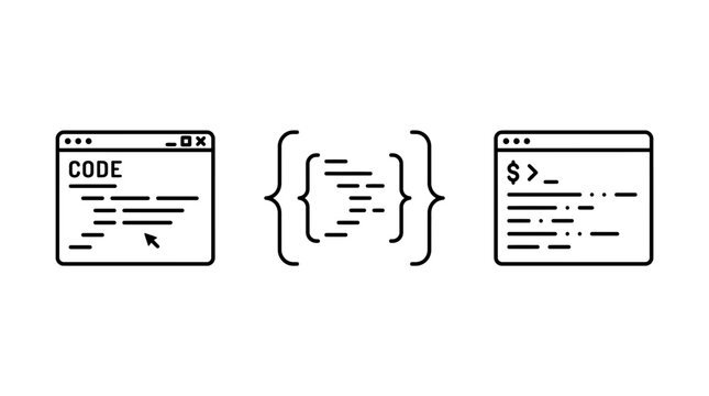 Programming Code Snippets and Development Interface Icons Representing Software Engineering and Web Development
