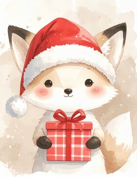 Cute watercolor fox wearing a Santa hat, holding a red gift box with a bow, embodying holiday cheer and festive spirit.