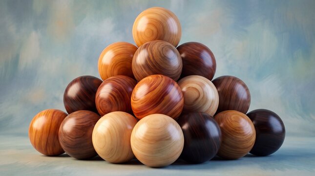 Stack of polished wooden spheres arranged in a pyramid on blue background