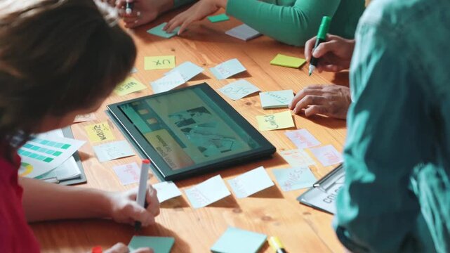 Top view of manager writing idea on sticky notes and explain idea about web design. Professional marketing team or programmer brainstorming idea while looking at tablet with color palette. Symposium.