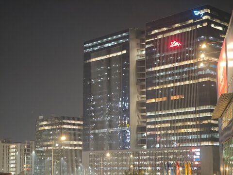 Eli Lilly office building in Hyderabad India glowing brightly at night highlighting tech innovation hub