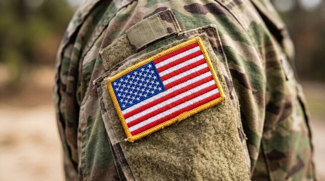 Close up of an american flag patch on a military uniform for honoring service on veteran day