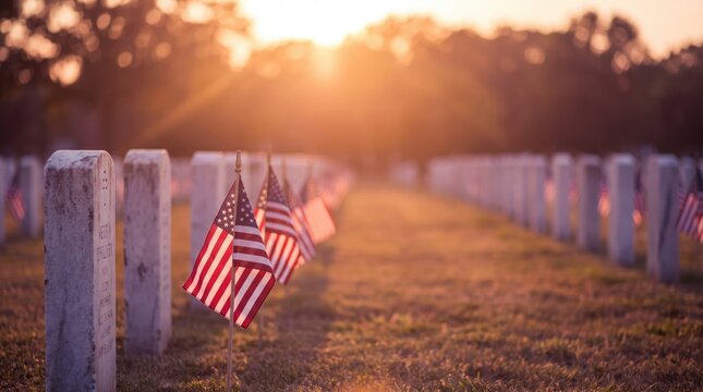 American flags placed on graves at a national cemetery during a beautiful sunset for veteran day remembrance