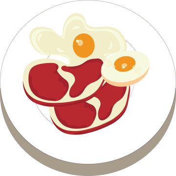 High protein breakfast food illustration with beef steak and fried eggs served on a white plate