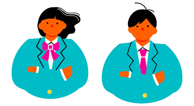 腕組みをして考えている女子学生と男子学生のポップでカラフルなイラストセット