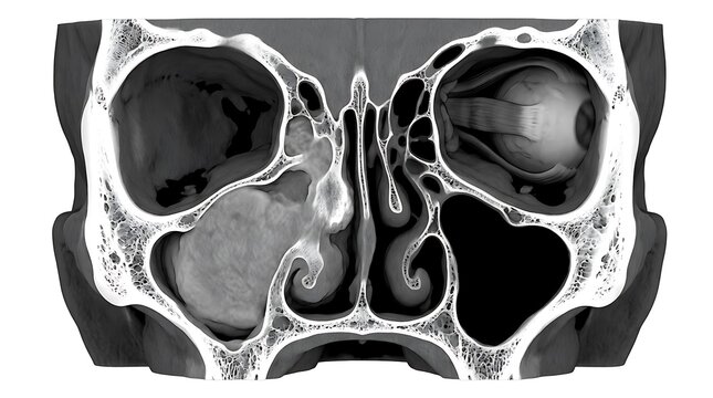 Coronal cross section anatomical illustration of the human skull and nasal cavity showing abnormal growth in the maxillary sinus compared to healthy sinus on the opposite side in grayscale.
