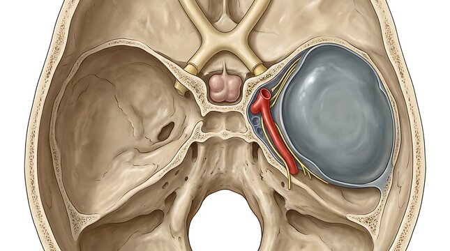 Internal anatomical view of the human skull base showing the sphenoid bone area with a pituitary tumor growth near the optic nerve and internal carotid artery for medical education.