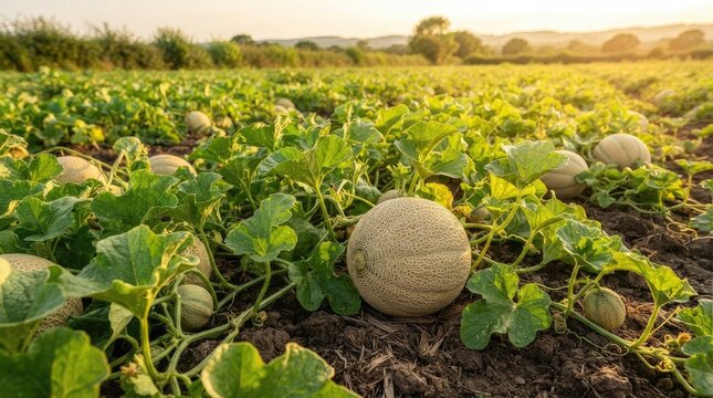 A field of cantaloupe plants and melons sprawls across a rural landscape at sunset. The ripe melons rest amongst the green foliage, with the ground covered in dark soil.